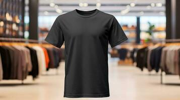 AI generated T-shirt with blank front, realistic on a mockup template in a luxury store, photo