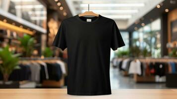 AI generated T-shirt with blank front, realistic on a mockup template in a luxury store, photo