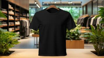 AI generated T-shirt with blank front, realistic on a mockup template in a luxury store, photo