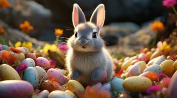 ai generado pequeño Conejo soportes en suelo con un montón de Pascua de Resurrección huevos, foto