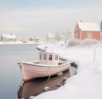 AI generated photograph of a boat near a snow covered town in the bay, photo