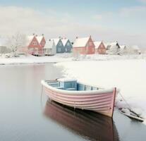 AI generated photograph of a boat near a snow covered town in the bay, photo