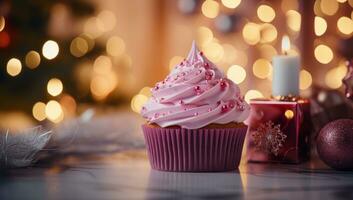 AI generated pink christmas cupcake next to an electronic fire place as christmas lights, photo