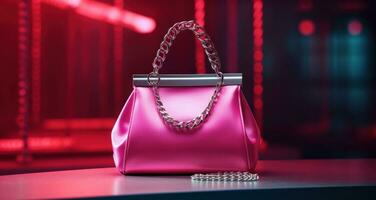 AI generated pink purse with chain and clasp on the table, photo
