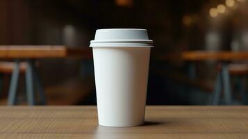 AI generated paper coffee cup with blank front, realistic on a mockup template in a luxury restaurant photo