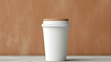 AI generated paper coffee cup with blank front, realistic on a mockup template in a luxury restaurant photo