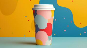 AI generated paper coffee cup with blank front, realistic on a mockup template in a colorful abstract photo