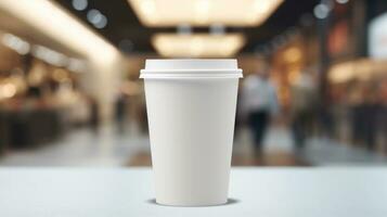 ai generado papel café taza con blanco frente, realista en un Bosquejo modelo en un lujo restaurante foto