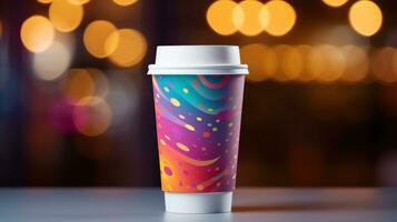 AI generated paper coffee cup with blank front, realistic on a mockup template in a colorful abstract photo