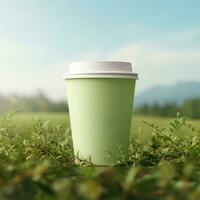 AI generated paper coffee cup with blank front, realistic on a mockup template in a green meadow, photo