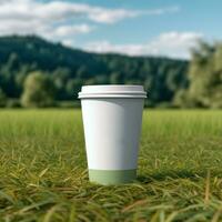 AI generated paper coffee cup with blank front, realistic on a mockup template in a green meadow, photo