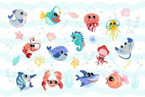 Set with hand drawn marine life elements. vector