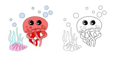 Coloring book Cute octopus with shells, bubbles and algae in the ocean. vector