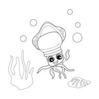 Coloring book Squid with shells, bubbles and algae in the ocean. For posters, prints on clothes. vector