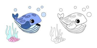 Striped whale with shells, bubbles and algae in the ocean. For posters, prints on clothes. vector
