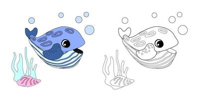 Striped whale with shells, bubbles and algae in the ocean. For posters, prints on clothes. vector