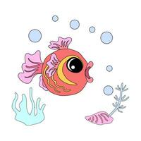 Goldfish with shells, bubbles and algae in the ocean. For posters, prints on clothes. vector