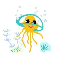 Cute transparent jellyfish with bubbles, seashells and seaweed underwater. Marine life character. Hand drawing vector