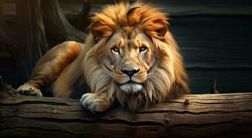 AI generated lion laying down on a log, photo