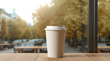 AI generated paper coffee cup with blank front, realistic on a mockup template in a luxury store, photo