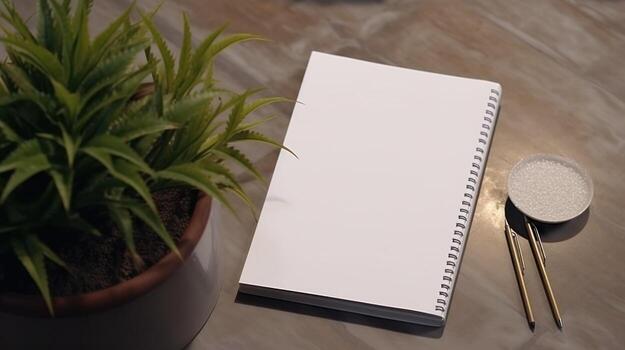 AI generated Notepad with blank front, realistic on a mockup template in a desk in a modern office, photo
