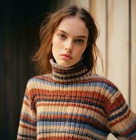 AI generated model in a multi colored yarn striped turtle neck sweater, photo