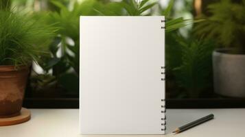 AI generated Notepad with blank front, realistic on a mockup template in a desk in a modern office, photo