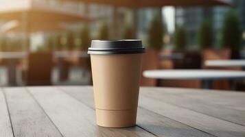 AI generated paper coffee cup with blank front, realistic on a mockup template in a luxury store, photo