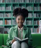 ai generado pequeño niña sentado en libro leyendo en el biblioteca leyendo foto