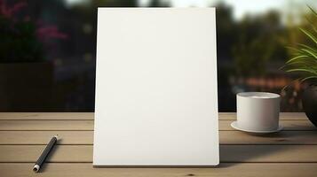 AI generated Notepad with blank front, realistic on a mockup template in a desk in a modern office, photo