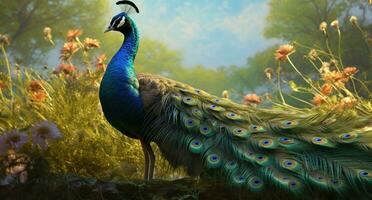 AI generated peacock with long feathers and the grasses behind it, photo