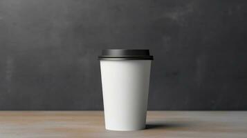 AI generated paper coffee cup with blank front, realistic on a mockup template in a luxury store, photo