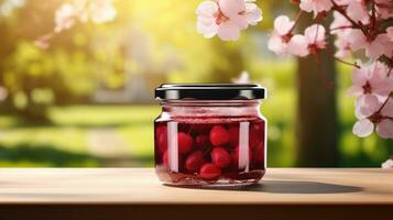 AI generated jar of cherry jam with blank front realistic on a mockup template in a wooden table in a summer garden photo