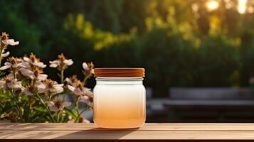 AI generated jar of honey with blank front realistic on a mockup template in a wooden table in a summer garden with bee, photo