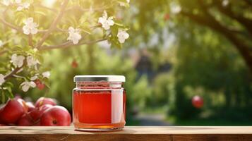 AI generated jar of appple jam with blank front realistic on a mockup template in a wooden table in a summer garden photo