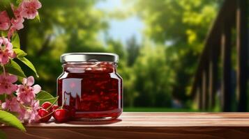 AI generated jar of cherry jam with blank front realistic on a mockup template in a wooden table in a summer garden photo