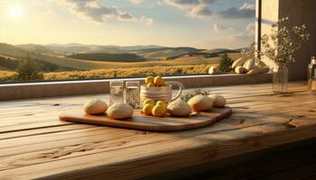 ai generado cocina de madera mesa con grande ventanas con vista a campo, foto