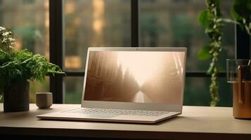 AI generated laptop with blank front, realistic on a mockup template in a table in a luxury office, photo