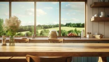 AI generated kitchen wooden table with large windows overlooking field, photo