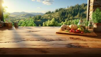 AI generated kitchen wooden table with large windows overlooking field, photo