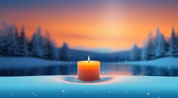 AI generated image of a candle burning in a winter scene, photo