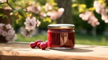 AI generated jar of cherry jam with blank front realistic on a mockup template in a wooden table in a summer garden photo