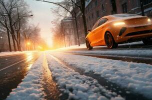 ai generado imagen de automóvil conducción un Nevado calle, foto