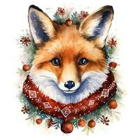 AI generated Generative AI, cute wild fox animal, Christmas hat and ugly sweaters, watercolor style. photo