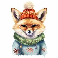 AI generated Generative AI, cute wild fox animal, Christmas hat and ugly sweaters, watercolor style. photo
