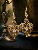 AI generated golden heart earrings shown on a tabletop, photo