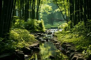 AI generated flowing water in a bamboo grove, japanese style garden photo