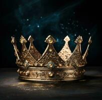 AI generated gold crown with golden glitter, on black background, photo