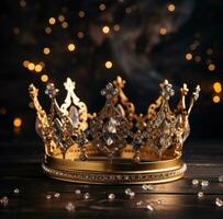 AI generated gold crown with golden glitter, on black background, photo