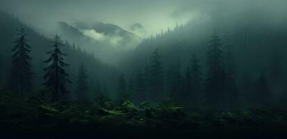 AI generated fog covers a mountain in a forest, photo